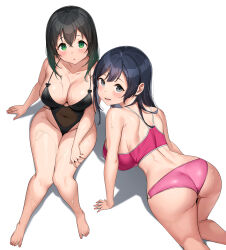 Rule 34 | 2girls, all fours, alternate breast size, ass, bare arms, bare shoulders, black eyes, black hair, black one-piece swimsuit, blush, breasts, cleavage, collarbone, covered navel, from above, from behind, green eyes, highres, large breasts, long hair, looking at viewer, looking back, looking up, love live!, love live! nijigasaki high school idol club, multiple girls, one-piece swimsuit, parted lips, shadow, sitting, smile, swimsuit, takasaki yu, tem10, thighs, yuki setsuna (love live!)