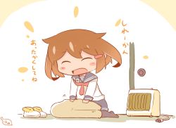 Rule 34 | 10s, 1girl, blanket, blush stickers, boots, brown hair, commentary request, closed eyes, fur boots, hair ornament, hairclip, hanomido, heater, ikazuchi (kancolle), kantai collection, neckerchief, open mouth, school uniform, serafuku, short hair, sitting, solo, translation request