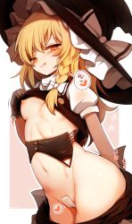 Rule 34 | 1girl, :q, black hat, blonde hair, bow, braid, breasts, commentary request, hagure kedama, hair bow, hat, heart, heart-shaped pupils, highres, kirisame marisa, lifted by self, long hair, looking at viewer, maebari, medium breasts, nipples, puffy short sleeves, puffy sleeves, short sleeves, single braid, solo, spoken heart, sweat, symbol-shaped pupils, tongue, tongue out, touhou, white bow, witch hat, yellow eyes