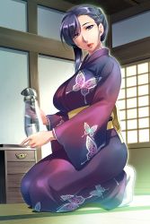 Rule 34 | 1girl, breasts, game cg, highres, in&#039;en, japanese clothes, kimono, large breasts, looking at viewer, mature female, purple hair, speed, yukata
