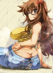 Rule 34 | 10s, 1girl, ass, bare shoulders, black-framed eyewear, breasts, brown eyes, brown hair, butt crack, denim, fate/extra, fate/extra ccc, fate (series), glasses, impossible clothes, impossible shirt, jeans, jinako carigiri, large breasts, long hair, pants, plump, shirt, sideways glance, solo, steam, torn clothes, undersized clothes, yohane