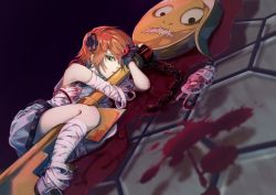 Rule 34 | 1girl, a.b.a, bandages, blood, eyelashes, green eyes, guilty gear, homunculus, hug, key, key in head, object through head, online neet, paracelsus (guilty gear), red hair, short hair, stitched mouth, stitches