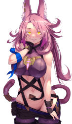 Rule 34 | 1girl, absurdres, animal ears, cat ears, cat tail, clothes pull, duel monster, gloves, grin, highres, looking at viewer, midriff, naughty face, navel, no panties, pants, pants pull, pink hair, rari (badominton), simple background, smile, solo, tail, tri-brigade ferrijit the barren blossom, upper body, yellow eyes, yu-gi-oh!