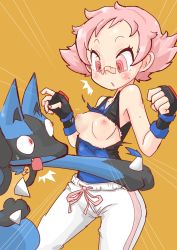 Rule 34 | 1girl, bandaid, bandaid on face, bandaid on nose, blush, breasts, creatures (company), furry, furry male, furry with non-furry, game freak, gen 4 pokemon, gym leader, interspecies, kasa buranka, lucario, maylene (pokemon), nintendo, nipples, open mouth, perky breasts, pink eyes, pink hair, pokemon, pokemon (creature), pokephilia, small breasts, surprised, torn clothes, wardrobe malfunction