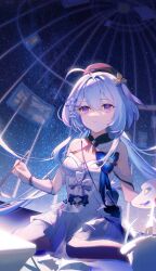 Rule 34 | 1girl, absurdres, ahoge, bare shoulders, beret, black hat, blue hair, breasts, chinese commentary, closed mouth, commentary request, dress, griseo, griseo (starry impression), hair between eyes, hair ornament, hat, highres, holding, holding brush, honkai (series), honkai impact 3rd, long hair, looking at viewer, night, night sky, palette (object), purple eyes, sitting, sky, sleeveless, sleeveless dress, solo, star (sky), starry sky, twintails, wariza, white dress, yaosan