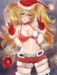 Rule 34 | 1girl, belt, bikini, bikini top only, blonde hair, blue eyes, bow, breasts, choker, christmas, cleavage, collarbone, commentary request, cowboy shot, double v, enemy lifebuoy (kancolle), eriyama e, fur-trimmed gloves, fur-trimmed legwear, fur-trimmed shorts, fur trim, gambier bay (kancolle), gloves, grey background, hat, highres, kantai collection, large breasts, looking at viewer, navel, open mouth, pantyhose, red bikini, red bow, red choker, red gloves, red shorts, santa hat, shorts, simple background, solo, standing, star (symbol), star print, swimsuit, thighhighs, twintails, v, white pantyhose