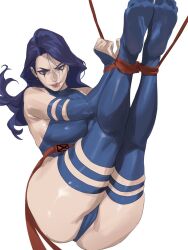 1girl ass bare_shoulders blue_leotard breasts elbow_gloves gloves highleg highleg_leotard highres large_breasts leotard long_hair looking_at_viewer marvel psylocke purple_eyes purple_hair sash solo superhero_costume taiyang_yu thighhighs x-men