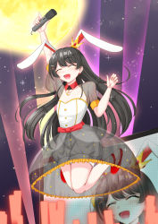 Rule 34 | 1girl, animal ears, archienemy, arm up, black hair, blush, closed eyes, crescent moon, crown, earrings, flat chest, full moon, highres, holding, holding microphone, jewelry, jumping, long hair, microphone, mini crown, moon, night, night sky, nijisanji, open mouth, rabbit ears, screen, see-through, see-through sleeves, short sleeves, sky, smile, solo, tsukino mito, tsukino mito (10th costume), virtual youtuber