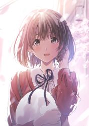 Rule 34 | 1girl, beret, black ribbon, blush, brown eyes, brown hair, collared shirt, commentary request, hand in own hair, hat, highres, holding, holding clothes, holding hat, katou megumi, kukiha, light, long hair, long sleeves, looking at viewer, neck ribbon, red sweater, ribbon, saenai heroine no sodatekata, shirt, solo, sweater, unworn hat, unworn headwear, upper body, white hat, white shirt