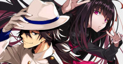 Rule 34 | 1boy, 1girl, ahoge, black eyes, black hair, black shirt, brown hair, closed mouth, commentary request, fate/grand order, fate (series), gloves, grey background, grey scarf, hair over one eye, hand up, hat, jacket, long hair, long sleeves, looking at viewer, neckerchief, oryou (fate), pink eyes, pokimari, red neckerchief, sakamoto ryouma (fate), scarf, shirt, simple background, smile, v, white gloves, white hat, white jacket