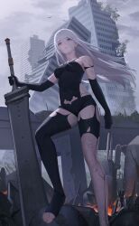 Rule 34 | 1girl, a2 (nier:automata), absurdres, android, bird, black gloves, breasts, building, city, closed mouth, destruction, drid, elbow gloves, embers, fire, floating hair, foot out of frame, gloves, grey eyes, grey sky, gynoid, highres, long hair, mole, mole under mouth, nier:automata, nier (series), outdoors, planted, planted sword, planted weapon, rubble, short shorts, shorts, single thighhigh, sky, small breasts, solo, sword, thighhighs, torn clothes, weapon, white hair