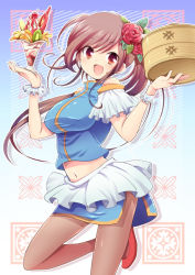 Rule 34 | 1girl, bad id, bad pixiv id, bamboo steamer, bare shoulders, breasts, brown eyes, brown hair, chinese clothes, female focus, flower, food, hair flower, hair ornament, hiroichi, ice cream, long hair, midriff, miniskirt, navel, open mouth, original, pantyhose, parfait, ponytail, red eyes, side slit, skirt, smile, solo, waitress, wrist cuffs