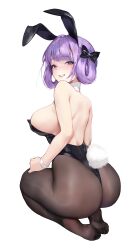 Rule 34 | 1girl, absurdres, animal ears, ass, back, bare shoulders, black bow, black leotard, blush, bow, breasts, charles (106858), collar, commentary, detached collar, fake animal ears, from behind, hair bow, hair rings, highres, huge breasts, leotard, looking back, lume sangria (chrysa), no shoes, original, parted lips, purple hair, rabbit ears, rabbit tail, seiza, short hair, sideboob, simple background, sitting, solo, strapless, strapless leotard, tail, white background, white collar