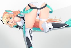 Rule 34 | !, 1girl, all fours, angela balzac, armor, ass, bare shoulders, blonde hair, blue eyes, blush, breasts, cameltoe, from behind, gloves, hair ornament, headgear, leotard, long hair, looking at viewer, looking back, low twintails, medium breasts, open mouth, rakuen tsuihou, santystuff, shiny skin, sideboob, smile, solo, thigh strap, top-down bottom-up, twintails