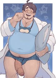 Rule 34 | 1boy, :d, ahoge, arm hair, bara, black hair, blue male underwear, boxer briefs, bulge, chest hair, clothing aside, covered navel, creatures (company), erection, f con, facial hair, fat, fat man, feet out of frame, foreskin, game freak, gen 7 pokemon, glasses, hairy, hand up, highres, holding, holding pillow, huge penis, lab coat, large pectorals, laughing, male focus, male underwear, male underwear aside, midriff peek, minior, navel, navel hair, neroli (pokemon), nintendo, no pants, open mouth, pectoral cleavage, pectorals, penis, pillow, pokemon, pokemon sleep, round eyewear, shirt, short hair, sideburns, smile, solo, standing, stubble, thick eyebrows, thick thighs, thighs, tight clothes, tight shirt, underwear, veins, veiny penis
