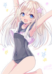 Rule 34 | 1girl, arms up, bare arms, bare legs, bare shoulders, black sailor collar, black one-piece swimsuit, blonde hair, blue eyes, blush, commentary request, hair between eyes, highres, hizaka, kantai collection, long hair, one-piece swimsuit, open mouth, ro-500 (kancolle), sailor collar, sailor shirt, school swimsuit, shirt, signature, sleeveless, sleeveless shirt, smile, solo, swimsuit, swimsuit under clothes, twitter username, white background, white shirt