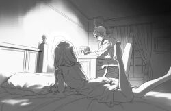 Rule 34 | 1boy, 1girl, backlighting, barefoot, bed, book, braid, chair, cigarette, curtains, desk, dress, greyscale, indoors, ito fumi, lamp, long hair, lying, monochrome, on bed, on stomach, original, reading, smoking, the pose, window