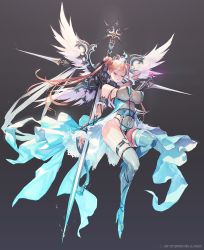 Rule 34 | 1girl, arm behind head, arm garter, arm up, blonde hair, blue dress, blue thighhighs, blunt bangs, breasts, cleavage, closed eyes, commentary, commentary request, destiny child, detached sleeves, double bun, dress, feathered wings, full body, garter straps, grey background, hair bun, heart, highres, holding, holding weapon, jewelry, large breasts, leg up, long hair, necklace, nirrti (destiny child), official art, open clothes, parted lips, punc p, simple background, solo, sword, thigh strap, thighhighs, weapon, wings