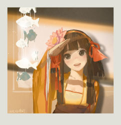 Rule 34 | 1girl, brown eyes, brown hair, copyright request, female focus, fish, fish ornament, flower, hair flower, hair ornament, hair ribbon, hjl, japanese clothes, looking at viewer, matching hair/eyes, mobile, onmyoji, open mouth, pink flower, ribbon, short hair, sidelocks, smile, solo