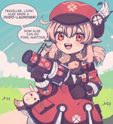 Rule 34 | 1girl, black gloves, blush, bobamiruku, day, english text, eyebrows, genshin impact, gloves, grenade launcher, gun, hat, highres, holding, holding gun, holding weapon, klee (genshin impact), long sleeves, looking at viewer, medium hair, open mouth, outdoors, pointy ears, red eyes, red hat, smile, solo, speech bubble, team fortress 2, teeth, upper teeth only, weapon
