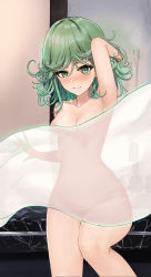 Rule 34 | 1girl, absurdres, arm behind head, arm up, armpits, ayul (ayulneri 92), bad id, bad pixiv id, bath, blush, breasts, closed mouth, collarbone, completely nude, convenient censoring, curly hair, green eyes, green hair, highres, looking at viewer, nude, one-punch man, short hair, sitting, small breasts, smile, tatsumaki, thighs, towel