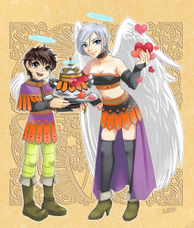 Rule 34 | 1boy, 1girl, 2co, angel wings, blue eyes, breasts, bridal gauntlets, choker, cleavage, dragon quest, dragon quest ix, earrings, elbow gloves, gloves, halo, heart, hero (dq9), jewelry, large breasts, level-5, midriff, pteruges, raviel, short hair, silver hair, skirt, thighhighs, wings