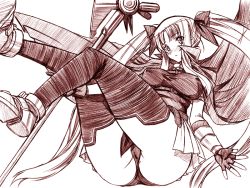 Rule 34 | 00s, 1girl, ass, bardiche (nanoha), chikuwa (artist), chikuwa (tikuwa), fate testarossa, fingerless gloves, gloves, legs up, looking at viewer, lyrical nanoha, mahou shoujo lyrical nanoha, monochrome, outstretched arm, panties, pink theme, simple background, solo, spread wings, thighhighs, twintails, underwear, white background