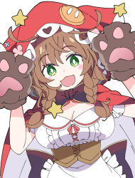 Rule 34 | 1girl, :d, animal hands, blush, braid, breasts, bright pupils, brown hair, cape, cleavage, gloves, green eyes, hood, ixy, large breasts, looking at viewer, nijisanji, open mouth, paw gloves, red cape, simple background, smile, twin braids, virtual youtuber, warabeda meiji, white background, white pupils