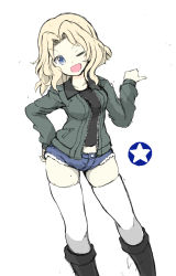 Rule 34 | 10s, 1girl, black footwear, black shirt, blonde hair, blue eyes, blue shorts, boots, brown jacket, cowboy shot, days135, denim, denim shorts, emblem, girls und panzer, hair intakes, hand on own hip, highres, jacket, kay (girls und panzer), long hair, looking at viewer, military, military uniform, one eye closed, open clothes, open jacket, open mouth, saunders military uniform, shirt, short shorts, shorts, sketch, smile, solo, standing, star (symbol), thighhighs, uniform, white thighhighs