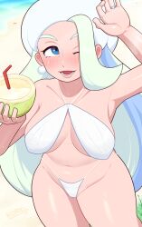 1girl ;d alternate_costume arm_up bdrd bikini blue_eyes breasts coconut_cup collarbone commentary_request creatures_(company) cup day drinking_straw earrings game_freak hat highres holding holding_cup jewelry large_breasts looking_up loose_hair_strand lower_teeth_only mature_female melony_(pokemon) navel nintendo one_eye_closed open_mouth outdoors pokemon pokemon_swsh ring sand smile solo swimsuit teeth white_bikini white_hat