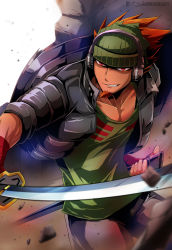 Rule 34 | 1boy, beatmania, beatmania iidx, black jacket, brown hair, facial hair, goatee, green headwear, green shirt, grin, headphones, highres, holding, holding sword, holding weapon, jacket, looking at viewer, male focus, pectoral cleavage, pectorals, red eyes, rubble, sheath, shirt, smile, solo, soumon, spiked hair, stone, sword, twitter username, weapon