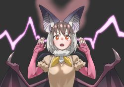 Rule 34 | 1girl, animal ears, bat ears, bat wings, brown eyes, brown hair, brown long-eared bat (kemono friends), chestnut mouth, commentary, elbow gloves, extra ears, fangs, fingerless gloves, fur-trimmed sleeves, fur collar, fur trim, gloves, hands up, highres, kemono friends, looking at viewer, low wings, multicolored hair, open mouth, pink gloves, short hair, solo, tanabe (fueisei), teeth, two-tone hair, upper body, white hair, wings
