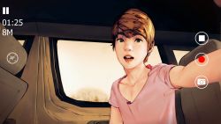 Rule 34 | 1other, ambiguous gender, blush, diathorn, flat chest, green eyes, highres, looking at viewer, pink shirt, recording, shirt, short hair, solo, tagme, vehicle, vehicle interior, viewfinder