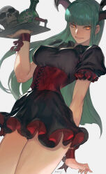 Rule 34 | 1girl, artist name, black dress, collared dress, commentary, covered erect nipples, cowboy shot, dress, dutch angle, from below, green hair, grin, highres, holding, holding tray, horns, long hair, looking at viewer, looking down, morrigan aensland, morry, puffy short sleeves, puffy sleeves, short dress, short sleeves, simple background, smile, solo, tray, vampire (game), white background, yellow eyes