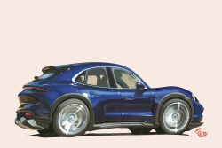 Rule 34 | artist name, brown background, car, commentary, english commentary, from side, highres, motor vehicle, no humans, original, porsche, porsche taycan, shadow, sports utility vehicle, vehicle focus, will pierce