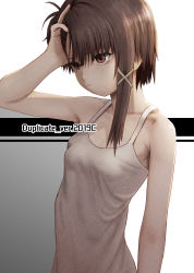 Rule 34 | 1girl, absurdres, asymmetrical hair, breasts, brown eyes, brown hair, closed mouth, dress, hair ornament, hairclip, highres, huge filesize, iwakura lain, masahito (yomenu), serial experiments lain, short hair, simple background, small breasts, solo, white background, x hair ornament