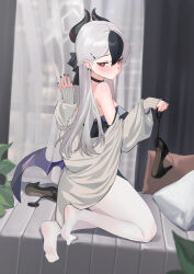 Rule 34 | 1girl, :t, absurdres, bare legs, black choker, black hair, blue archive, blush, breasts, cardigan, choker, chuck (harfmoondark), commentary request, demon horns, demon wings, dress, ear piercing, earrings, feet, fingernails, full body, grey cardigan, grey dress, grey hair, halo, highres, holding, holding shoes, horns, indoors, jewelry, kayoko (blue archive), kayoko (dress) (blue archive), kneeling, looking at viewer, looking to the side, medium breasts, multicolored hair, nail polish, pantyhose, piercing, red eyes, shoes, solo, streaked hair, stud earrings, unworn shoes, white pantyhose, wings