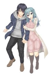 Rule 34 | 1boy, 1girl, :d, absurdres, aqua eyes, aqua hair, arihara satoru, arm at side, arm hug, arms under breasts, black hair, black pants, blue jacket, blush, boots, breast press, breasts, brown eyes, brown footwear, coat, collarbone, commentary request, couple, crossed bangs, double-parted bangs, dress, eyelashes, eyes visible through hair, fingernails, frown, full body, grey coat, grey hoodie, hair between eyes, hair over shoulder, happy, head tilt, heads together, hetero, highres, hirocchi, holding hands, hood, hood down, hoodie, interlocked fingers, jacket, large breasts, long hair, long sleeves, looking at another, lower teeth only, open clothes, open coat, open jacket, open mouth, pants, pink dress, pink sweater, ribbed sweater, riddle joker, shikibe mayu, shoes, short hair, shy, sidelocks, simple background, smile, standing, sweater, sweater dress, swept bangs, teeth, white background