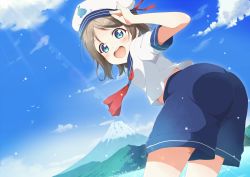 Rule 34 | 1girl, :d, ass, bent over, blue eyes, blue shorts, commentary request, grey hair, hat, hat ribbon, lens flare, looking at viewer, love live!, love live! sunshine!!, mount fuji, neckerchief, open mouth, pinky out, red neckerchief, red ribbon, ribbon, salute, school uniform, serafuku, short hair, shorts, smile, solo, sun beam, toma (shinozaki), watanabe you