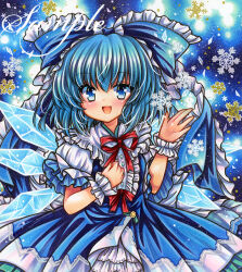 Rule 34 | 1girl, :d, blue background, blue bow, blue dress, blue eyes, blue hair, bow, cirno, cowboy shot, dress, embellished costume, frilled bow, frilled dress, frills, hair bow, hand up, ice, ice wings, looking at viewer, marker (medium), medium hair, neck ribbon, open mouth, puffy short sleeves, puffy sleeves, red ribbon, ribbon, rui (sugar3), sample watermark, short sleeves, smile, snowflakes, solo, standing, touhou, traditional media, watermark, wings, wrist cuffs