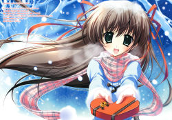 Rule 34 | 1girl, absurdres, brown hair, gift, green eyes, hair ribbon, highres, holding, holding gift, incoming gift, long hair, mitsui mana, ribbon, scarf, snow, solo, valentine
