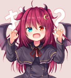 Rule 34 | 1girl, :d, ahoge, text background, baram, black capelet, black dress, blue eyes, blush, brown background, capelet, claw pose, commentary request, crescent, crescent hair ornament, demon girl, demon horns, demon wings, dress, fang, frilled capelet, frills, hair between eyes, hair ornament, hands up, heterochromia, horns, long hair, neck ribbon, nijisanji, open mouth, red eyes, red hair, red ribbon, ribbon, smile, solo, two side up, upper body, very long hair, virtual youtuber, wings, yuzuki roa