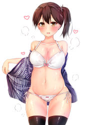 Rule 34 | 10s, 1girl, :d, absurdres, blush, bra, braiding hair, breasts, brown eyes, brown hair, cleavage, unworn clothes, collarbone, hairdressing, heart, heavy breathing, highres, kaga (kancolle), kantai collection, lawson, long hair, looking at viewer, looking away, matching hair/eyes, navel, open mouth, panties, pikacchi, ponytail, side ponytail, smile, solo, stomach, string panties, sweat, thighhighs, thighs, underwear, undressing, uniform, white background, white panties