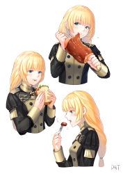 Rule 34 | 1girl, absurdres, artist name, black jacket, blonde hair, boned meat, braid, braided ponytail, chinese commentary, commentary request, cropped torso, da-cart, eating, fire emblem, fire emblem: three houses, food, fork, from side, garreg mach monastery uniform, green eyes, highres, holding, holding food, holding fork, ingrid brandl galatea, jacket, long hair, long sleeves, meat, multiple views, nintendo, open mouth, profile, sandwich, signature, simple background, single braid, smile, uniform, upper body, white background
