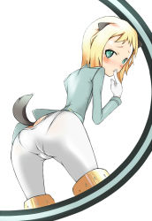 Rule 34 | 00s, 1girl, animal ears, ass, bad id, bad pixiv id, blonde hair, blue eyes, blush, buriteri, dog ears, dog tail, elma leivonen, finger to mouth, from behind, gloves, looking back, pantyhose, pantylines, short hair, solo, strike witches, strike witches: suomus misfits squadron, striker unit, tail, white gloves, white pantyhose, world witches series