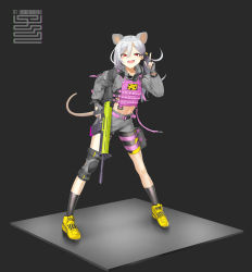 Rule 34 | 1girl, animal ears, assault rifle, autism wanderer, bad id, bad pixiv id, cheese, cheese print, commentary, fingerless gloves, fn scar, food, full body, gloves, grey hair, gun, highres, knee pads, looking at viewer, midriff, mouse ears, mouse girl, mouse tail, original, red eyes, rifle, short shorts, shorts, simple background, single knee pad, smug, solo, tail, trigger discipline, weapon