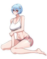 Rule 34 | 1girl, absurdres, ayanami rei, barefoot, between legs, blue hair, blush, breasts, cleavage, collarbone, commentary request, commission, dogs (dlrkdejr26), dolphin shorts, feet, full body, hair ornament, hand between legs, highres, korean commentary, large breasts, light blue hair, long hair, looking at viewer, medium hair, navel, neon genesis evangelion, parted lips, pink shorts, red eyes, shorts, sitting, solo, tank top, thighs, transparent background, very long hair, wariza, white tank top