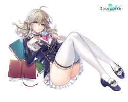 Rule 34 | 1girl, alternate costume, antenna hair, black footwear, black jacket, black skirt, book, breasts, cup, flower, full body, green eyes, grey hair, hair flower, hair ornament, jacket, large breasts, lee nabi, logo, long hair, looking at viewer, miniskirt, official art, resolution mismatch, school uniform, skirt, solo, soulworker, source larger, thighhighs, thighs, white background, white thighhighs