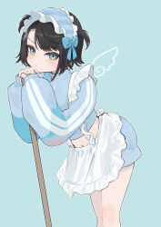 Rule 34 | 1girl, absurdres, alternate costume, angel wings, annoyed, apron, aqua background, bankamba, black hair, blue bow, blue headwear, blue shorts, blush, bow, broom, closed mouth, commentary, cropped jacket, double vertical stripe, drawn wings, enmaided, fake wings, frilled apron, frilled headwear, frills, gradient eyes, green eyes, hair bow, hands on own chin, head rest, highres, holding, holding broom, hololive, interlocked fingers, jacket, jersey maid, leaning, leaning forward, leaning on broom, long sleeves, maid, maid headdress, midriff, mini wings, multicolored eyes, navel, oozora subaru, own hands together, pursed lips, short hair, short shorts, shorts, simple background, solo, sweatdrop, tomboy, track jacket, two side up, unconventional maid, v-shaped eyebrows, virtual youtuber, waist apron, white apron, white headwear, wings, yellow eyes, zipper pull tab