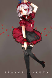 Rule 34 | 1girl, alternate costume, black thighhighs, braid, character name, garter straps, hair ornament, hair ribbon, hand up, high heels, highres, holding, izayoi sakuya, knife, looking at viewer, maid, maid headdress, parted lips, petals, red eyes, reeh (yukuri130), ribbon, silver hair, simple background, smile, solo, thighhighs, touhou, twin braids, wrist cuffs